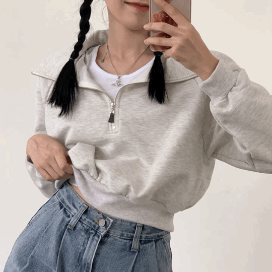 샌드앤디어 [꾸안꾸/굿퀄리티!] 메이비 가을 크롭 반집업 맨투맨 - 위시버킷