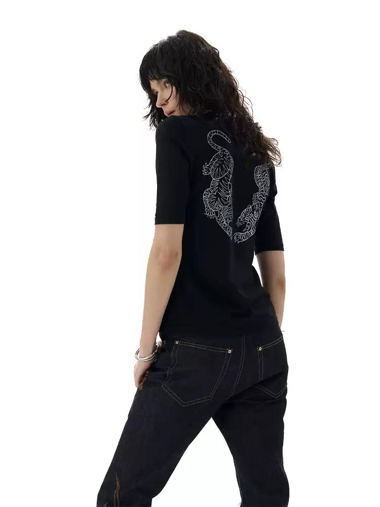 noEmosen"Double Tiger\" Half High Collar T-Shirt
