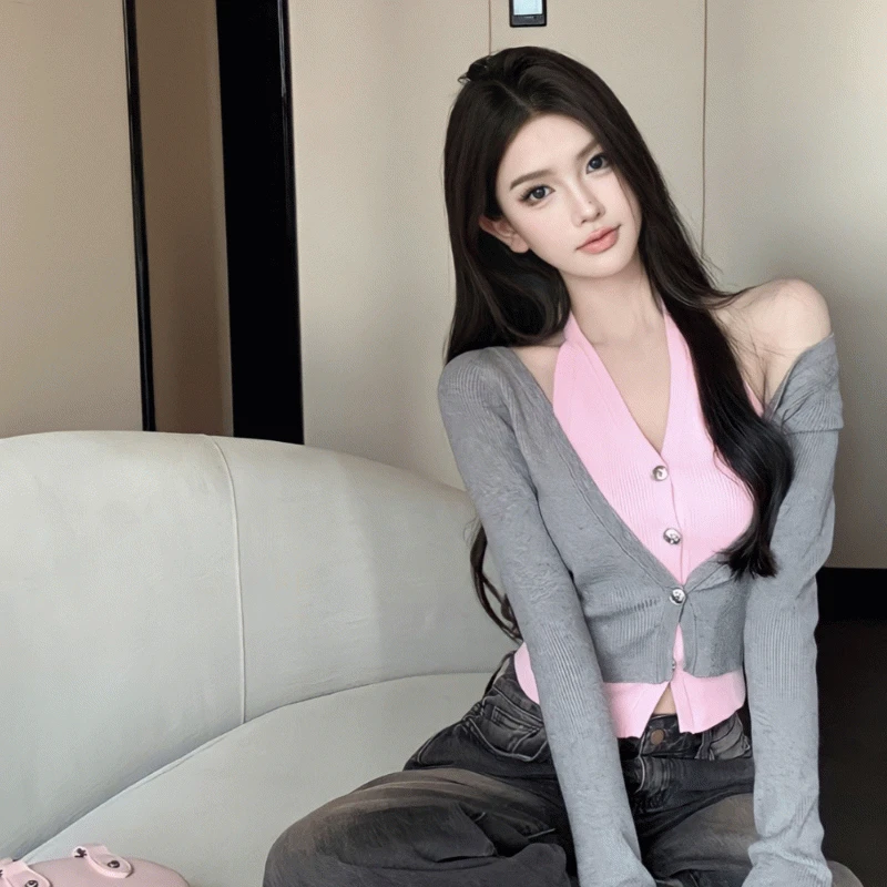블랙당일) 홀터 이중 레이어드 가디건