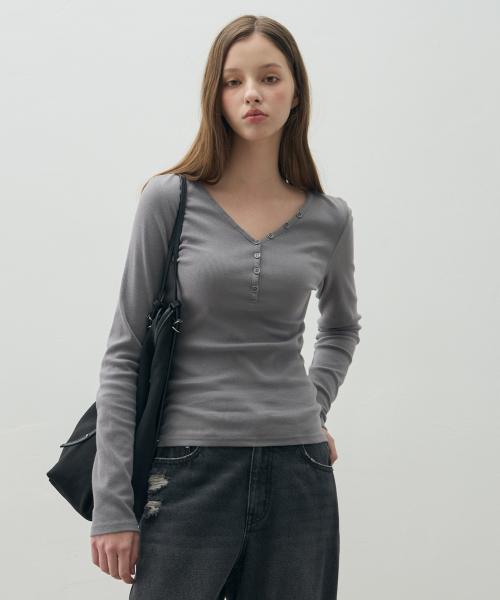 버튼업 리브드 브이넥 롱슬리브 [GREY]