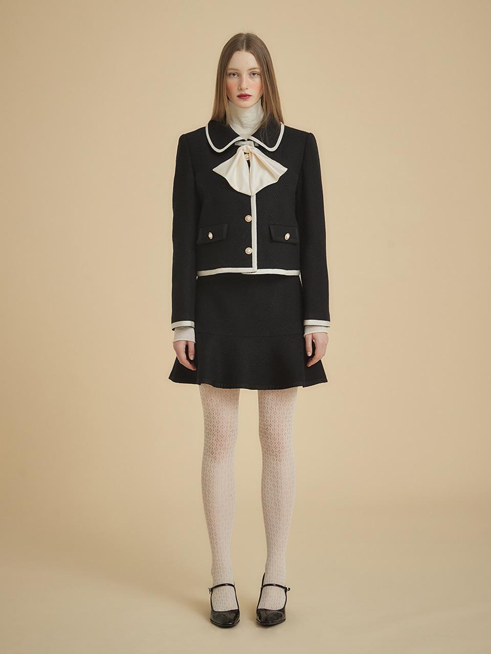 RIBBON TIED TWEED JACKET - BLACK