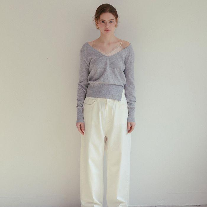 LACE SLIP V NECK KNIT_GREY
