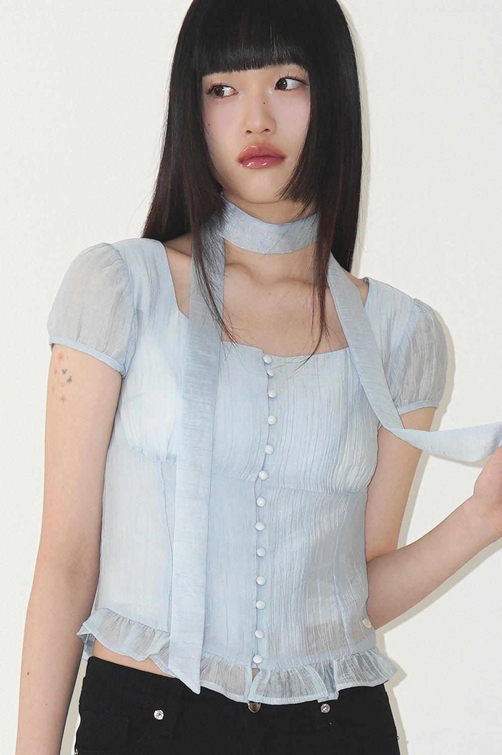 리본 타이 스퀘어넥 블라우스 블루