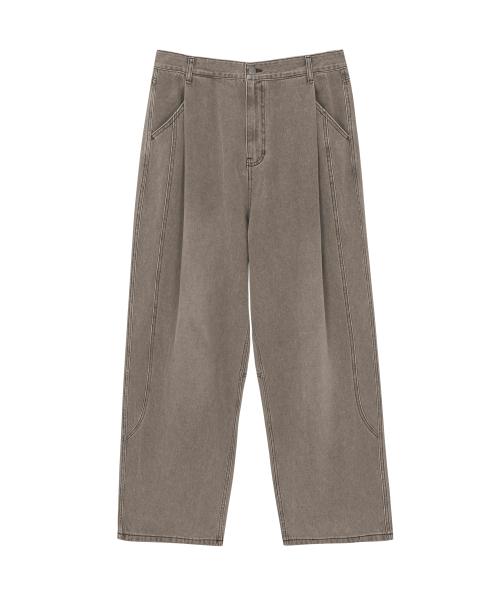 One Tuck Cut-Off Wide Denim Pants - Ash Brown