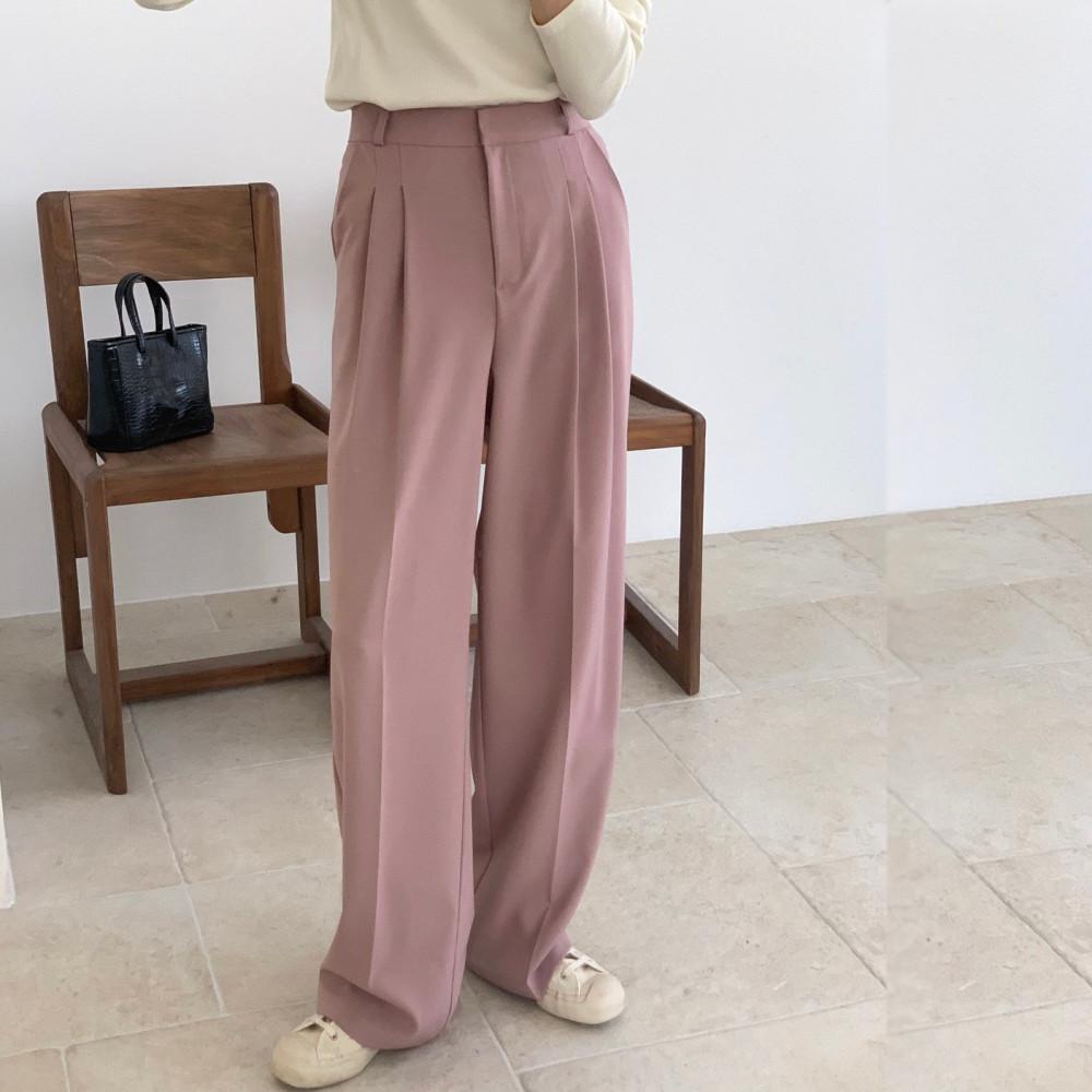 크림 M 당일 여자 볼드 와이드 투핀턱 롱 슬랙스 팬츠 (크림 핑크 회베이지 차콜 블랙)