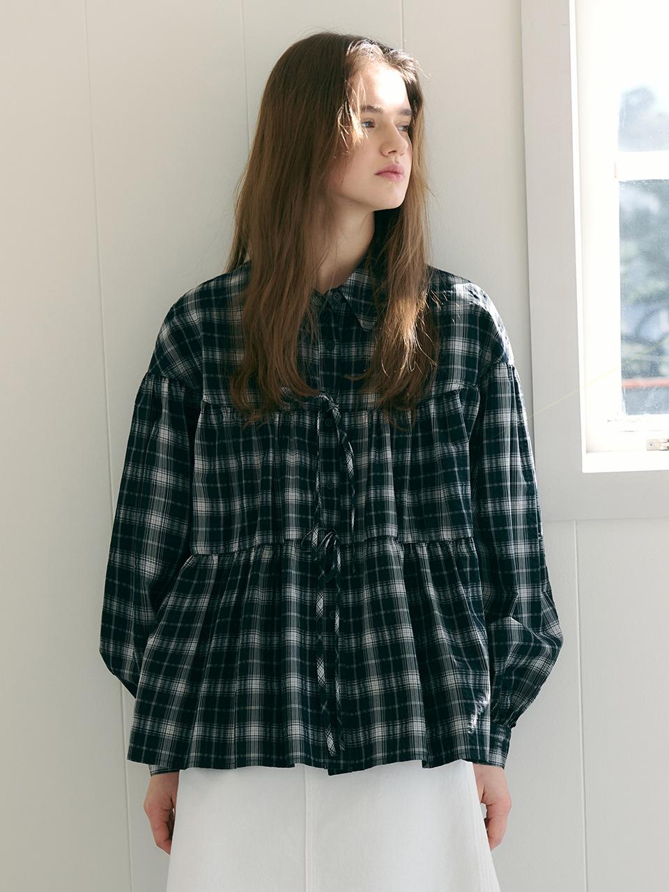 Check Ribbon Shirring Blouse VC2512BL101M_2color
