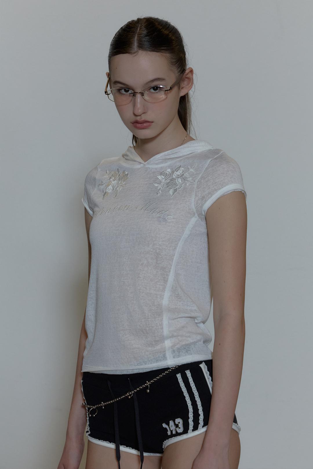 Rose Embroidery Hoodie Tee Ivory