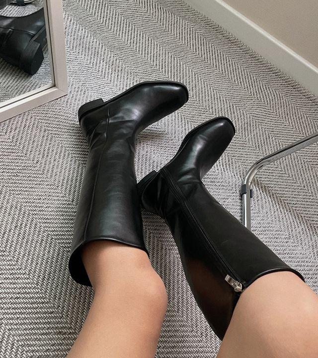 [흐물거림NO/2col] 종아리커버 미들굽 레더 롱부츠_몽그라미