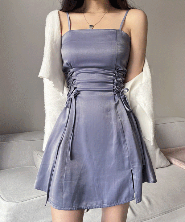 새틴 샤틴 아일렛 끈 A라인 뷔스티에 트임 원피스