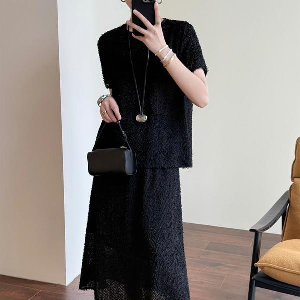 Fluffy Black Silk Top & Skirt Set-up