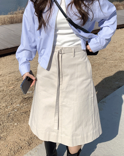 A라인 플리츠 핀턱 면 코튼 벨트 미디스커트 베이지 브라운