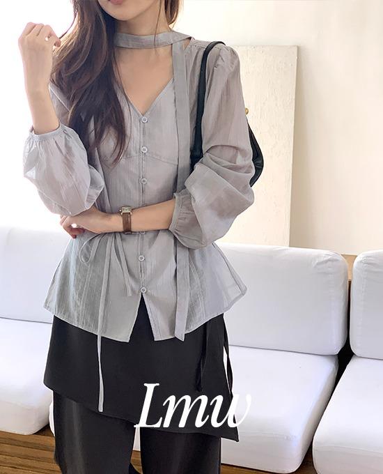 메리어라운드 [타이블라우스][하객룩][무료배송][l.m.w] 라튤립 스트랩 타이 블라우스 (bl)