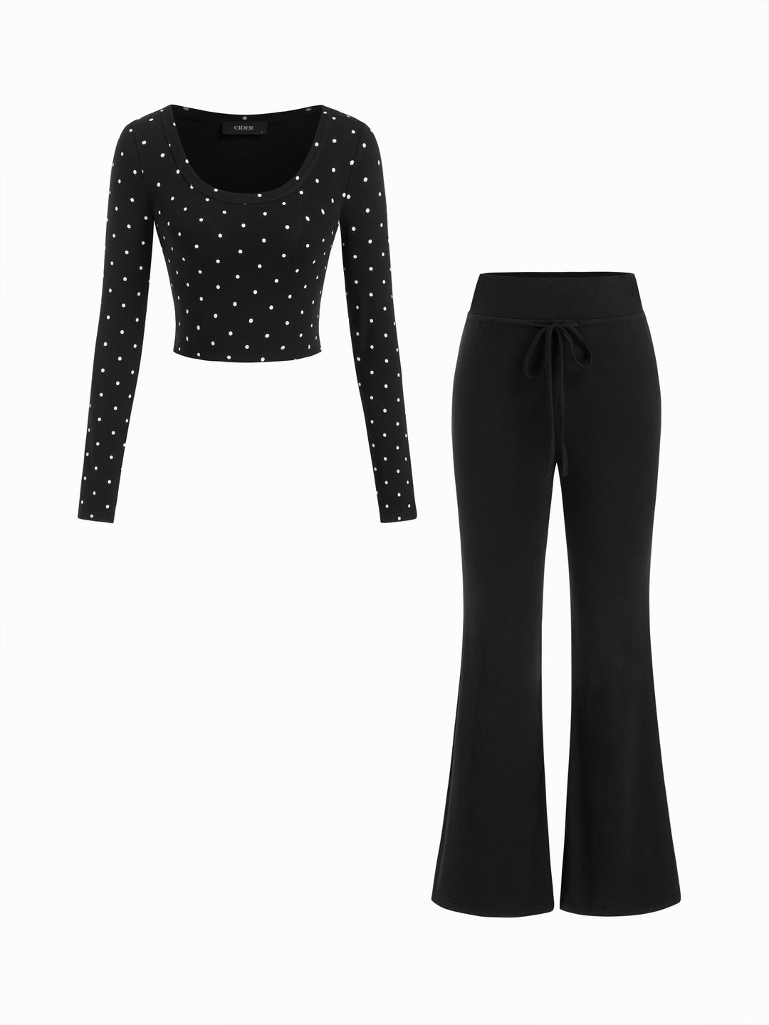 U-neckline Crop Top & Mid Rise Drawstring Flared Trousers Set