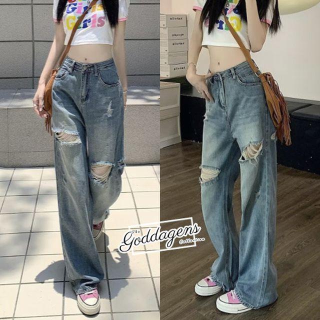 [23신상|와이드데님팬츠] Y2K 트렌디하고 힙한 여름청바지 연청바지 디스트로이드진 찢청 바지 찢어진청바지 데미지 와이드 데님 팬츠 세미와이드 빅사이즈 골반뽕청바지