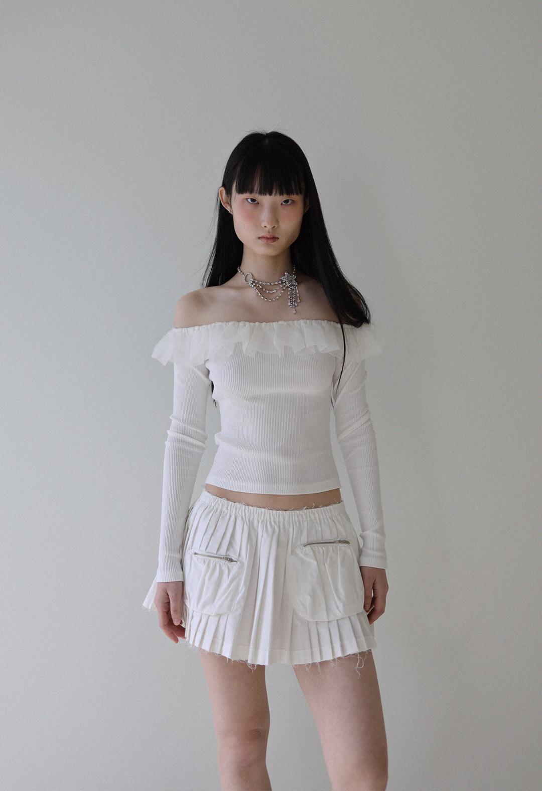Chiffon Frill Off_shoulder T, 3color