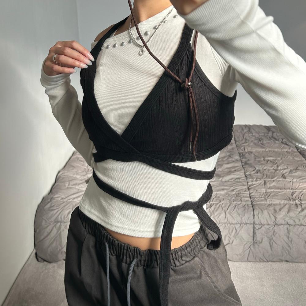 니트 롱 뷔스티에 2color 레이어드 니트나시 크롭 리본