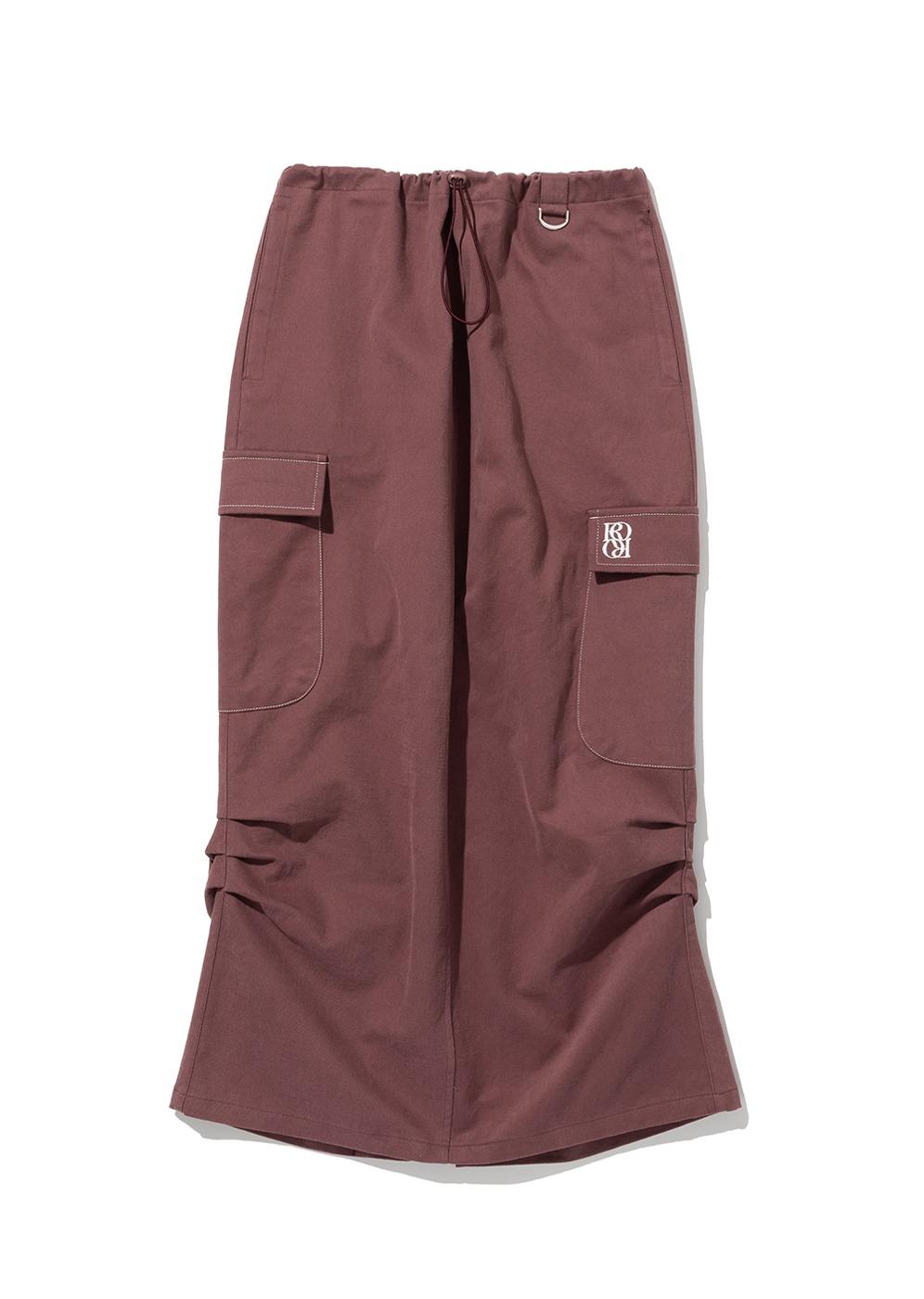 Side Stitch Tuck Cargo long Skirt [RED BROWN]