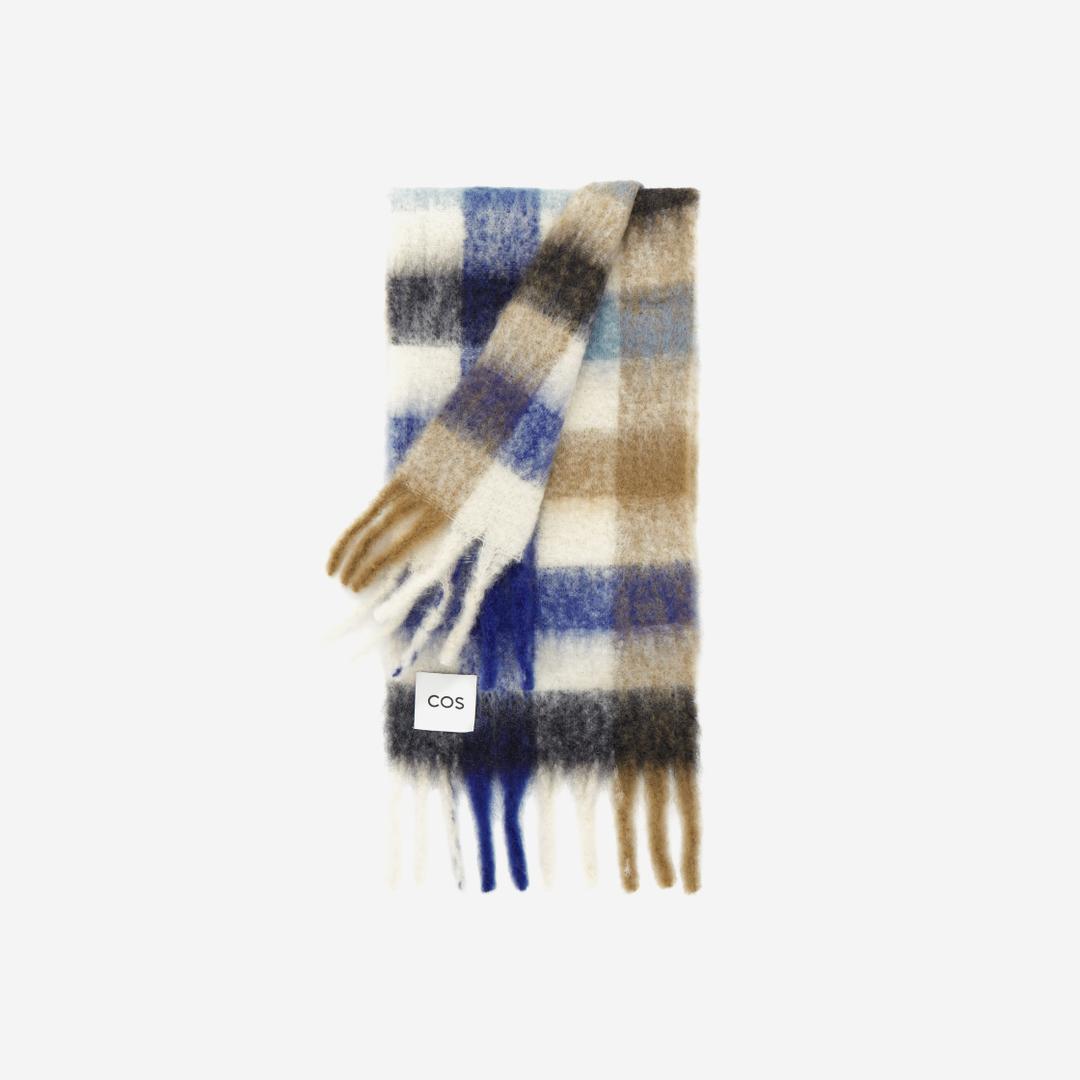 COS Oversized Mohair Blend Scarf Blue Brown Checked
