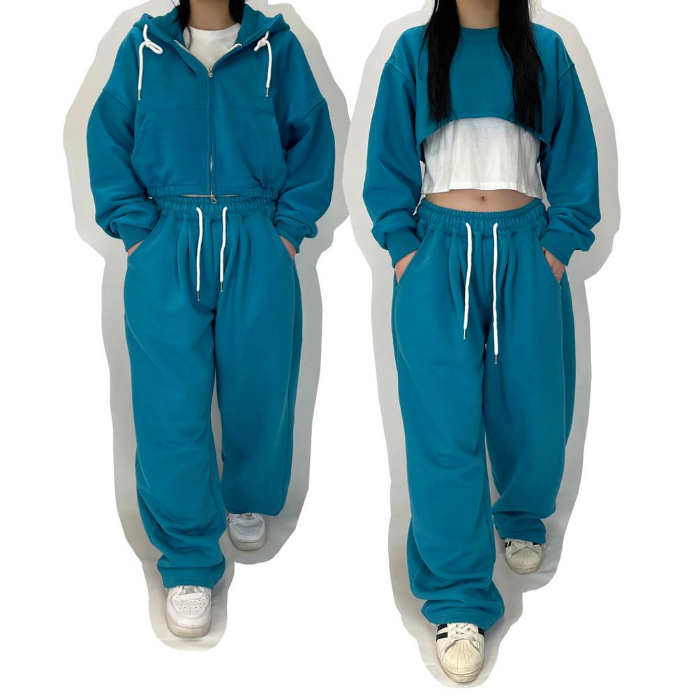 크롭 후드집업 언더붑 숏 맨투맨 와이드 조거 트레이닝 세트