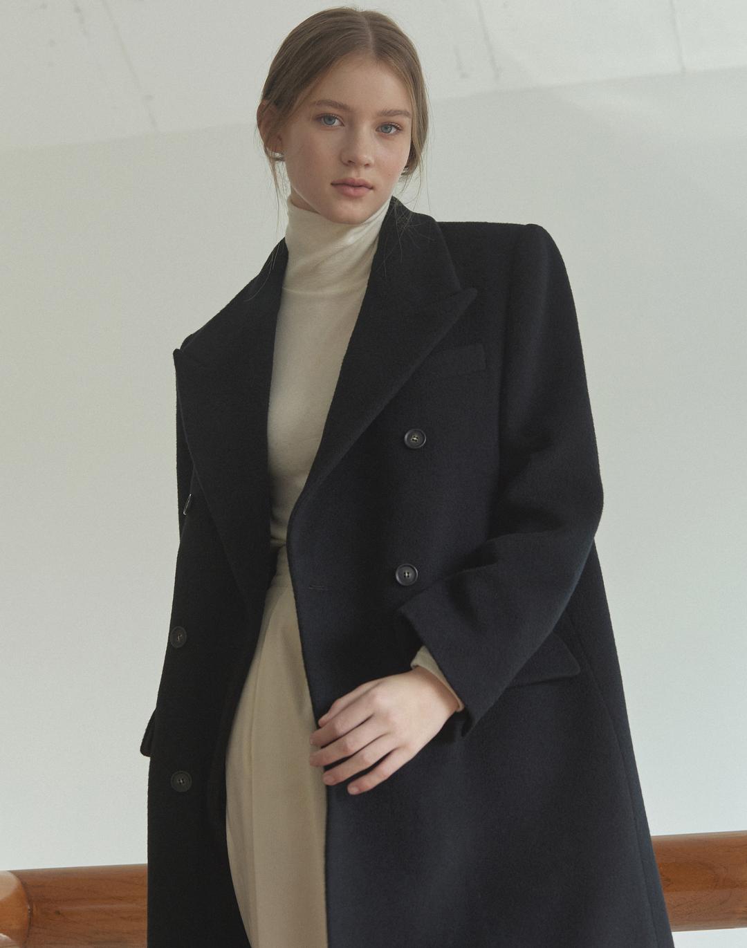 Wool Blend Double Coat - Black