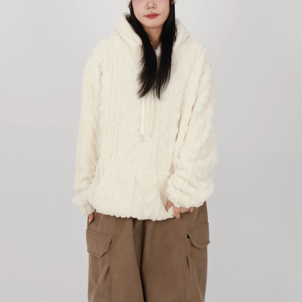 케이블 니트 오버핏 양털 후드티