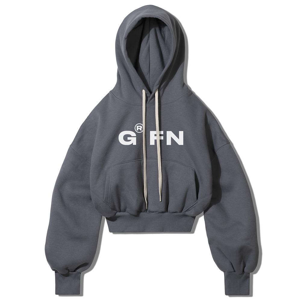 오버핏 특양면 기모 프리미엄 볼드 로고 크롭 후드 - 그레이
