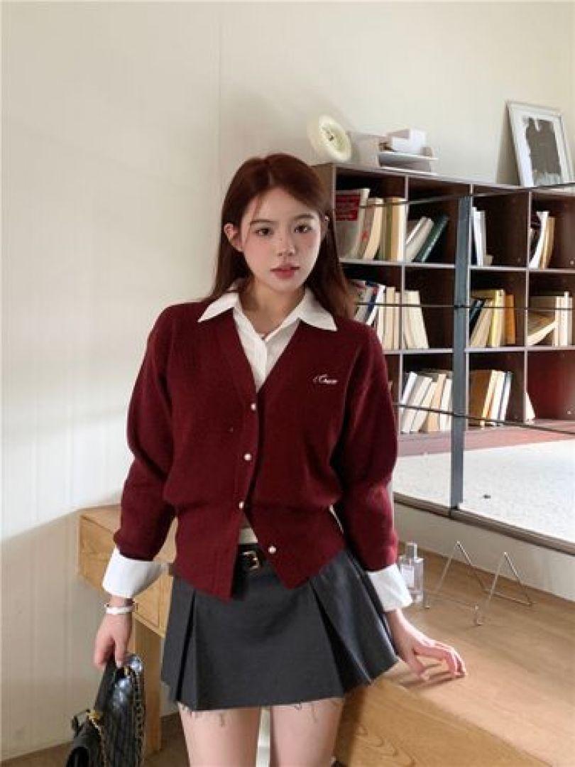 여성 골지 브이넥 자수 진주단추 도톰 기본 니트가디건 가을아우터 학생 사무실 와인 네이비