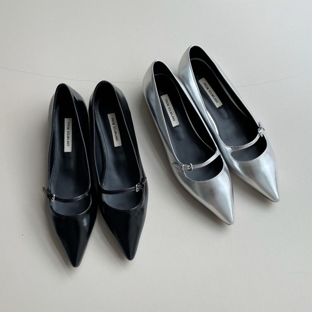 솔밀라노 발등스트랩 스틸레토 플랫슈즈 실버 뽀족코 단화 (2color) S1201