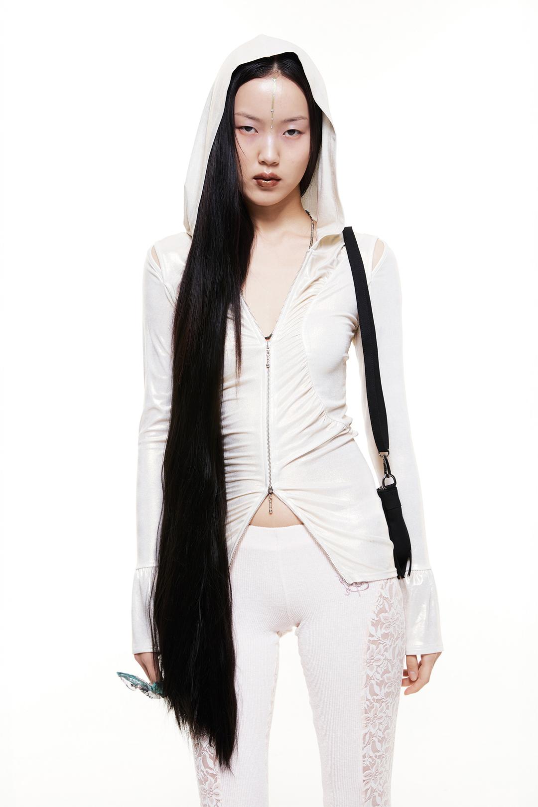 Cut-Out Shirring Hoodie Zip-up Glitter Ivory