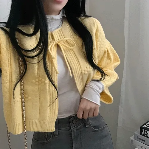 [러블리무드] 벌룬 크롭 소매 리본 니트 가디건