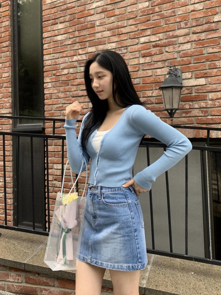 여성 브이넥 골지 소라색 니트 크롭 가디건 3컬러 여름 가을 레이어드 슬림가디건