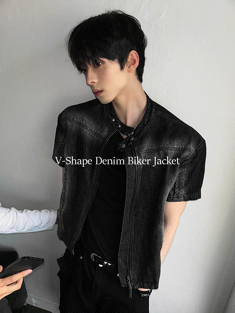[주문폭주] V-Shape 크롭 데님 바이커 자켓