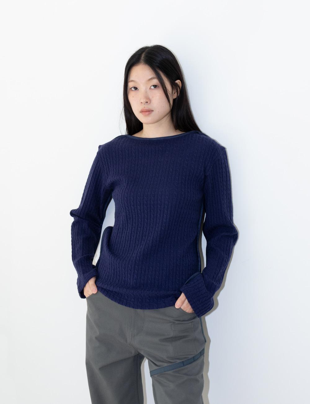 Piping Cable Knit Sweater in Navy