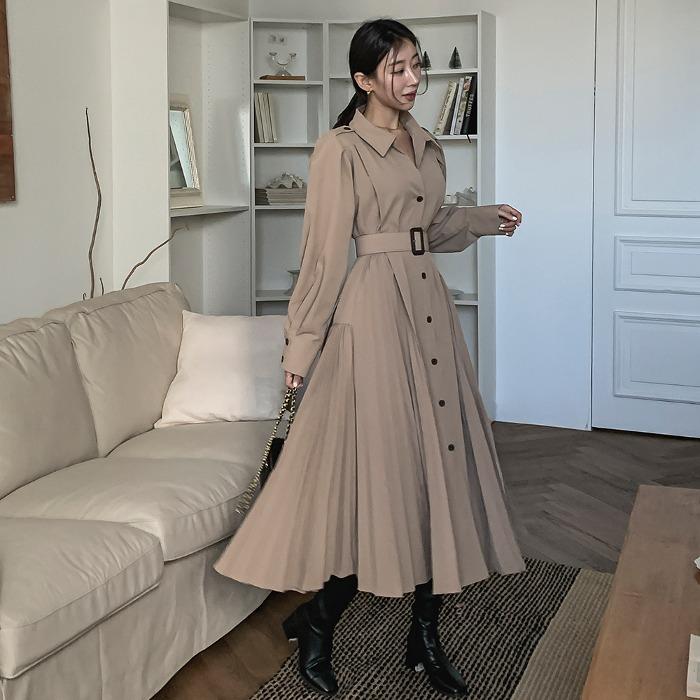 데얼쉬이즈 나나 트렌치 벨트 플리츠 롱 원피스