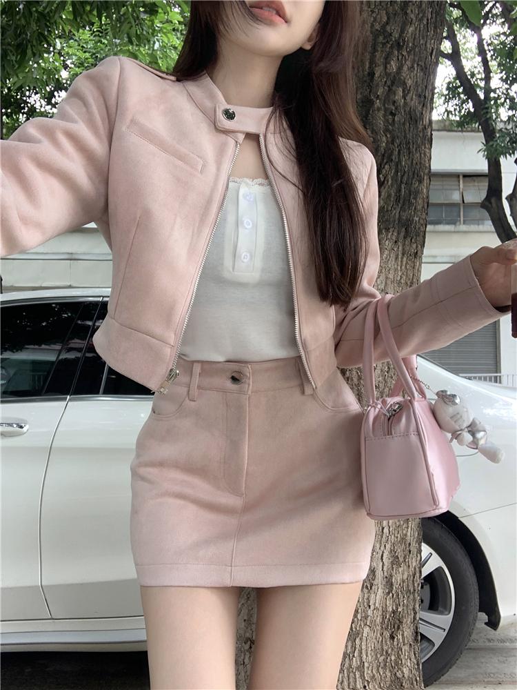 연핑크 스웨이드 크롭 자켓 스커트 치마 투피스 세트 하이틴룩