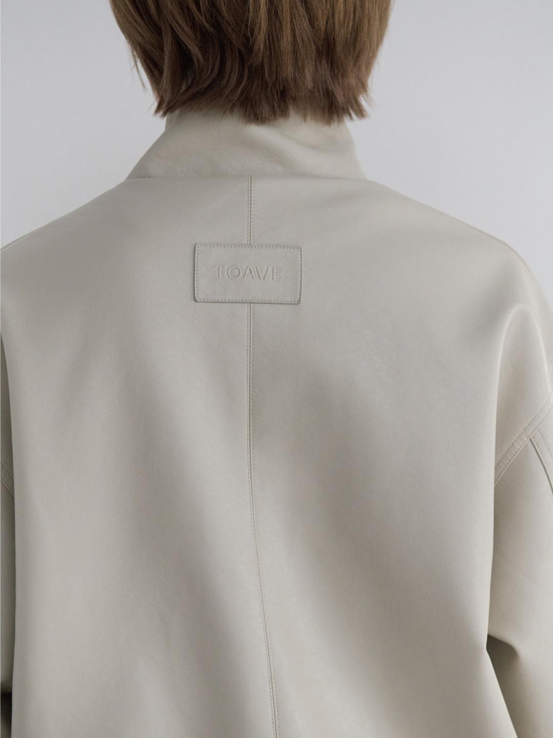 Washed High Neck Leather Jacket (Greige)