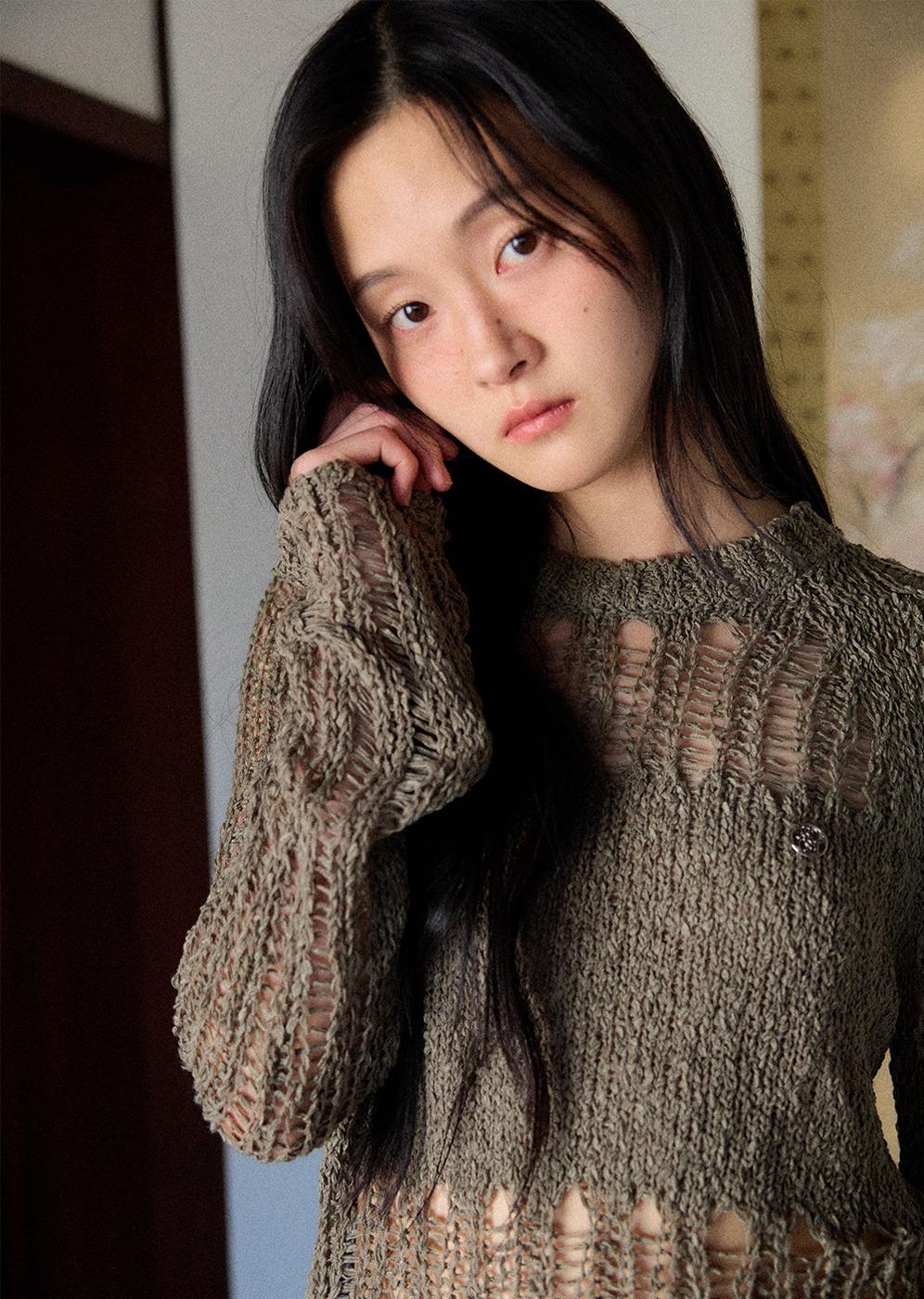 Damage Knit Top [KHAKI]