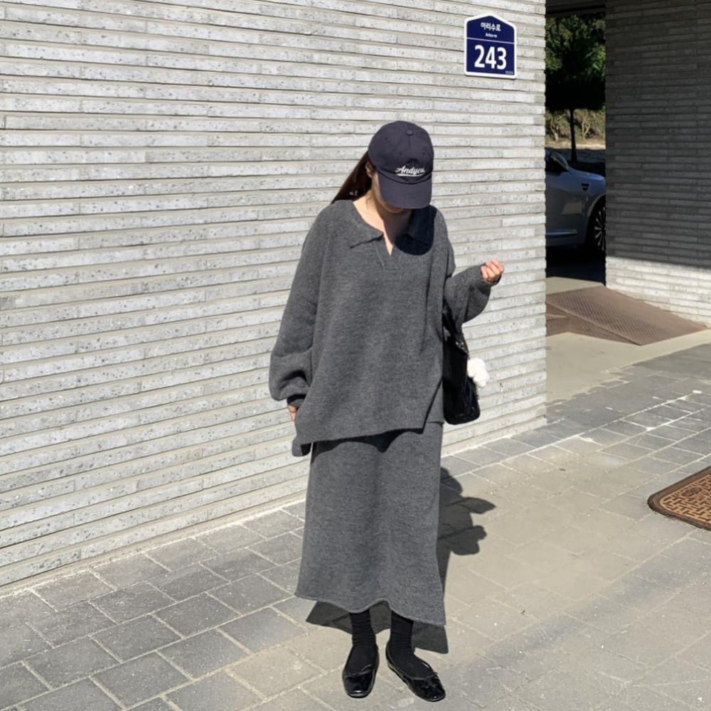 루즈핏 카라 스커트 투피스 니트 세트