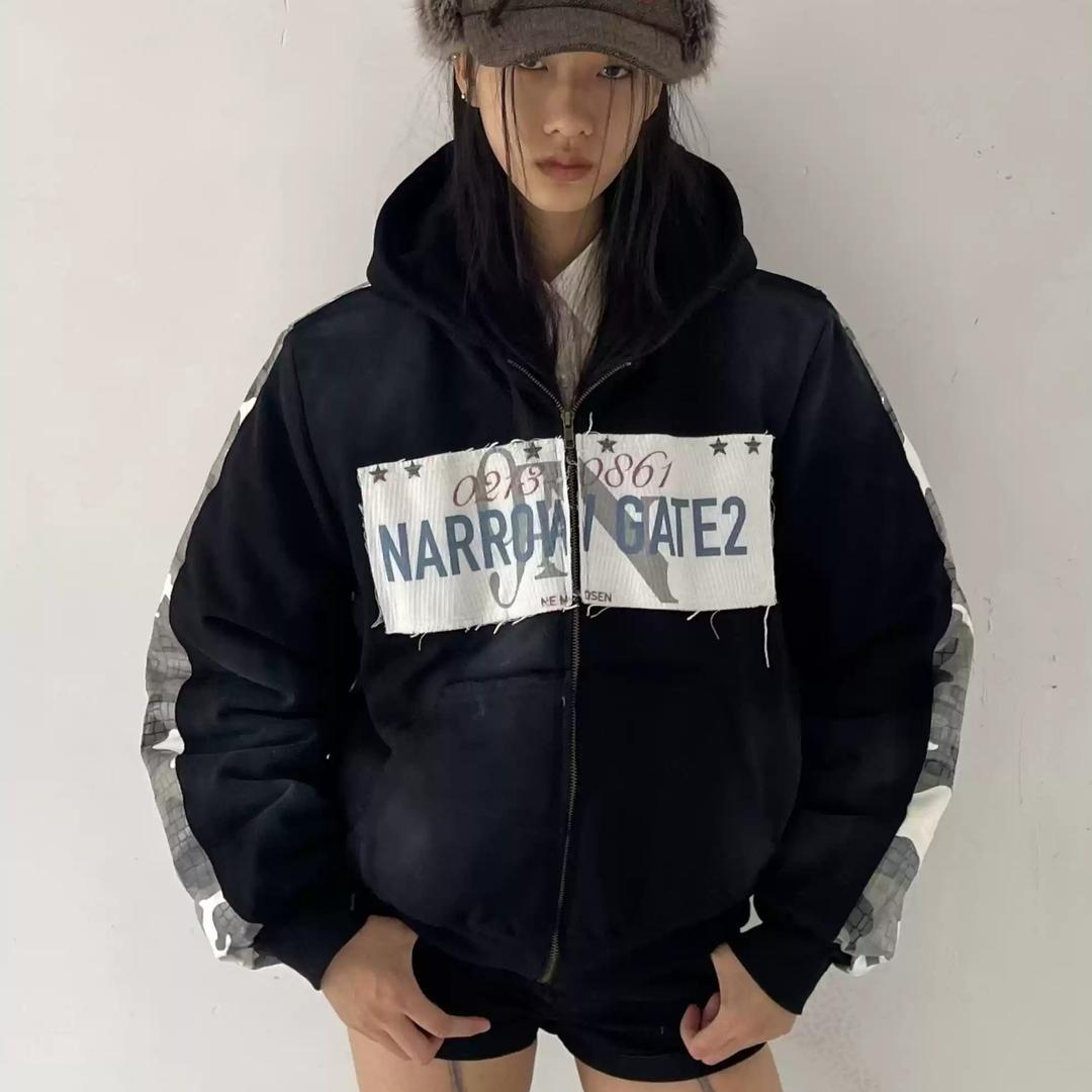 no E mosen 후드집업 카모플라쥬 컬러 블록 워싱 오버핏 후드 재킷