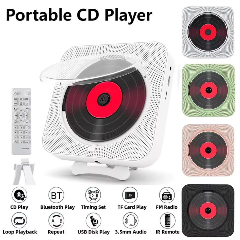 휴대용 CD 플레이어 블루투스 스피커 LED 스크린 벽걸이 형 음악 플레이어 FM 라디오 3.5mm 스테레오 CD 플레이어 (원격 제어 포함)