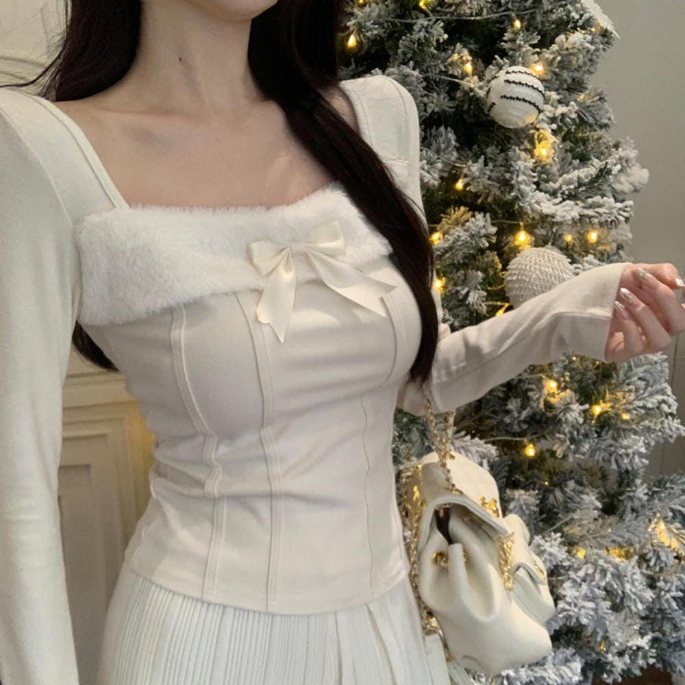 (당일배송) 퓨어 리본 퍼 기모 크롭 긴팔 티셔츠 연말룩