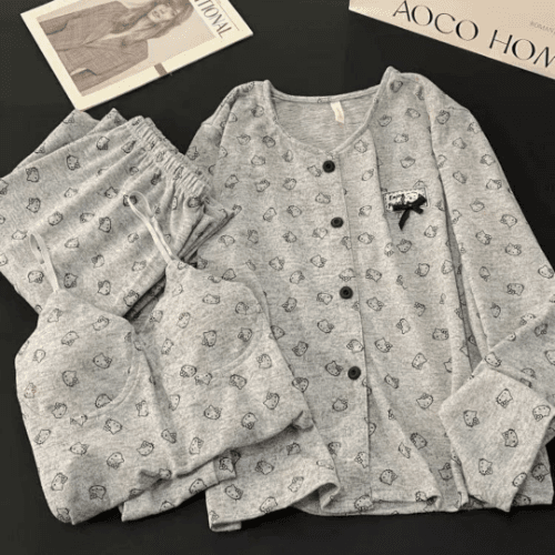 그레이 헬로키티 여성 잠옷 세트 긴팔 파자마 3P