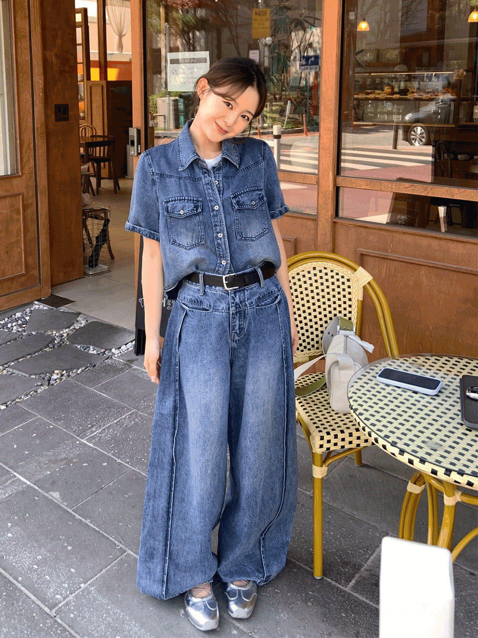 폴딘 패드 반팔 데님 남방(2color)