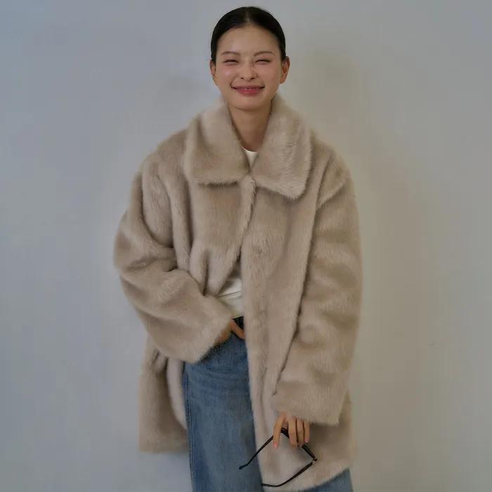 Fluffy collar half coat [KNFW05CT04]_Beige