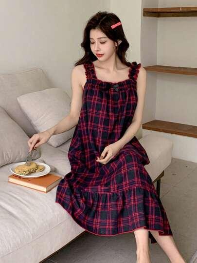 DAZY Plaid Ruffle Trim Bowknot Decor Camisole Nightdress