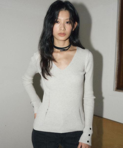 데미지드 브이넥 리브드 니트 [오트밀]