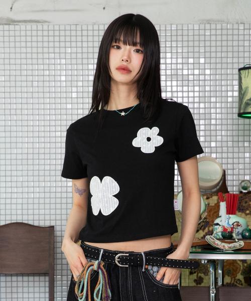 WXT043 솜사탕 레이스 아플리케 반팔 티셔츠 (BLACK)