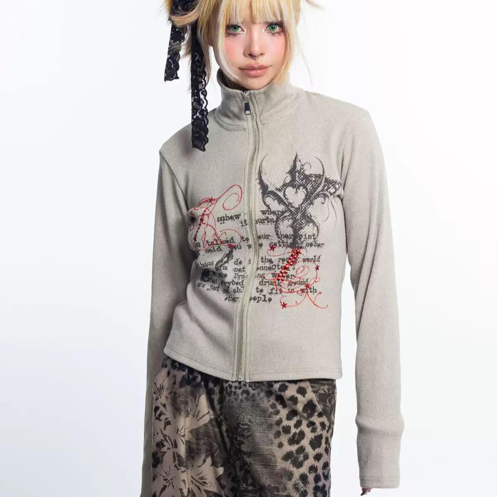 4RE1GN 가디건 Y2K 핫픽스 큐빅 하이넥 크롭 집업