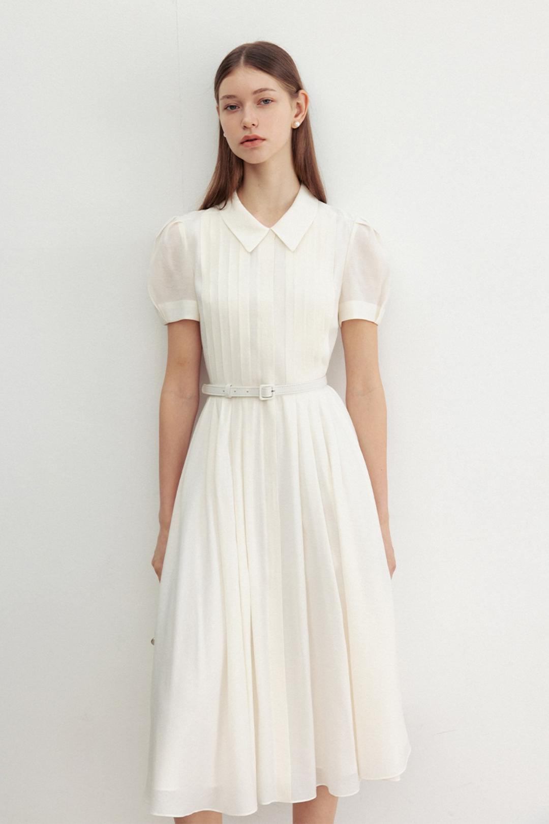 LILITH Stand collar pin tucked long dress (Ivory)
