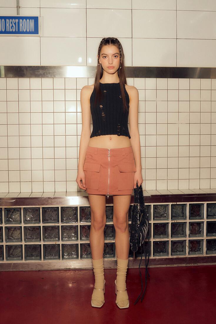 FRONT POCKET ZIP-UP SKIRT (BRICK ROSE)